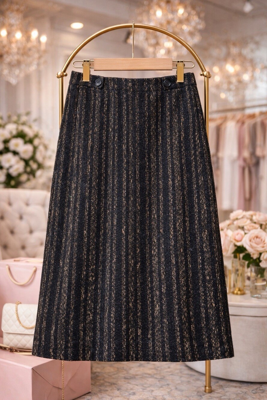 Vintage Wool Skirt Women’s Black Tweed Speckled Midi A-Line High Waist Classic